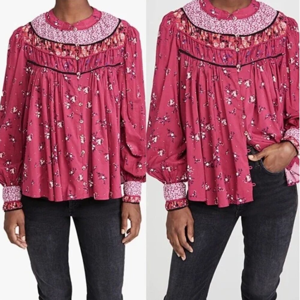 Free People Paloma Floral Button Up Peasant Blouse Top Berry Combo, sz S